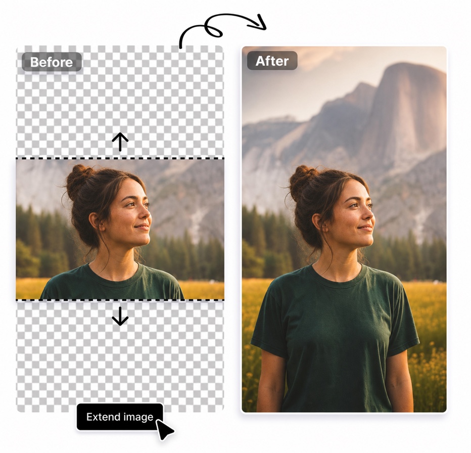 AI image expander preview showing a portrait extended beyond the original crop
